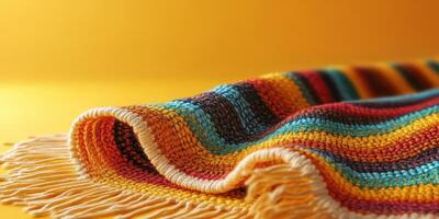 Colorful striped blanket draped on a vibrant yellow surface showcasing intricate woven patterns and textures photo