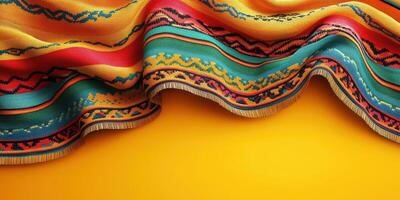 Colorful woven fabric with intricate patterns displayed on a vibrant yellow background, showcasing traditional craftsmanship and cultural artistry photo