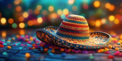 Colorful sombrero resting on a wooden surface surrounded by vibrant confetti and festive lights during a celebration photo
