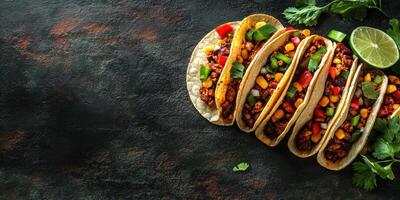 Delicious tacos filled with seasoned meat and fresh vegetables on a dark background photo