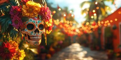 Colorful decorations and a vibrant skull symbolize a lively celebration in a festive courtyard during a cultural event photo