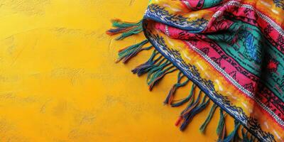 Colorful woven blanket displayed on a bright yellow surface in a cozy indoor space during the afternoon photo