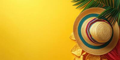 Bright summer party setting with a colorful straw hat and tortilla chips on a vibrant yellow background photo