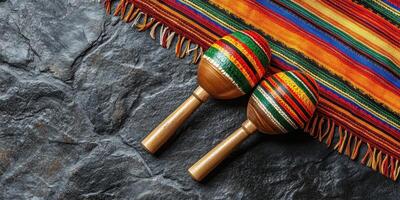 Colorful maracas on a traditional woven blanket arranged on a textured stone surface photo