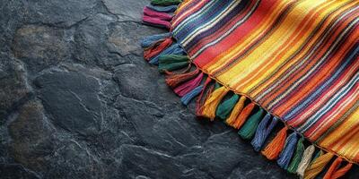 Colorful woven textile drapes over dark stone surface, showcasing vibrant stripes and fringed edges in natural light photo