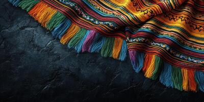 Colorful woven textile draped against a dark textured background showcasing intricate patterns and vibrant fringes photo