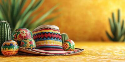 Colorful sombrero and decorative balls arranged with cacti on vibrant yellow background in a cheerful setting photo