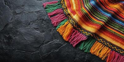 Vibrant woven blanket displays rich colors against a dark stone background for an artistic touch in home decor photo
