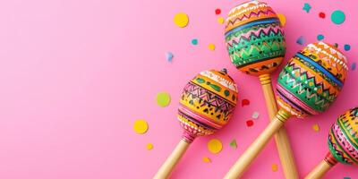 Colorful maracas and confetti on a bright pink background create a festive atmosphere for celebrations and events photo