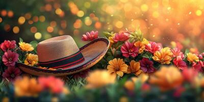 Brightly colored flowers surround a traditional straw hat in a sunlit garden during springtime photo