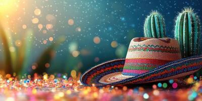 Colorful sombrero resting among vibrant cacti in a shimmering desert setting during sunset photo