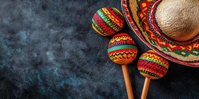Colorful sombrero and maracas arranged on a textured surface for a festive celebration or cultural event photo