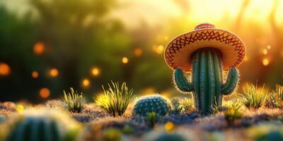 Cactus wearing a sombrero at sunset in a desert landscape with glowing lights photo
