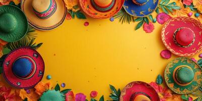 Colorful sombreros arranged around a vibrant yellow background with festive decorations for celebration photo