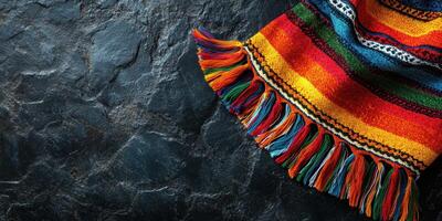 Colorful woven textile draped over dark stone surface showcasing intricate patterns and vibrant hues photo