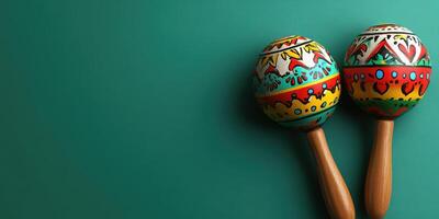 Colorful maracas placed on a vibrant green background create a lively atmosphere for music and celebration photo