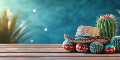 Colorful sombrero and cacti on a wooden table against a blurred turquoise background in a festive atmosphere photo