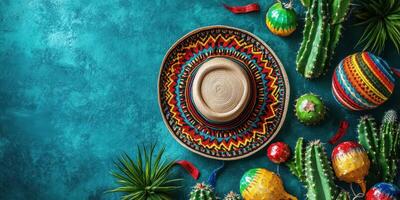 Colorful Mexican decor featuring a sombrero and cacti on a vibrant background for a festive atmosphere photo