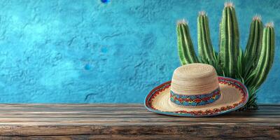 Colorful straw hat resting on wooden table beside tall cactus against vibrant blue wall photo
