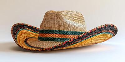Colorful straw sombrero with vibrant patterns resting on a light background photo