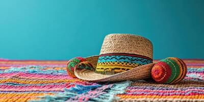 Colorful woven hat rests on a vibrant textile against a bright blue background in a lively setting photo