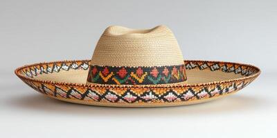 Vibrant woven sombrero with intricate patterns displayed in a light studio setting photo