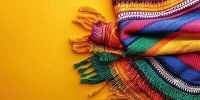 Colorful woven blanket draped on bright yellow background showcasing vibrant textile patterns and fringe detailing photo