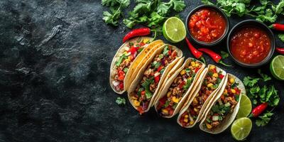 Flavorful taco spread featuring fresh ingredients and vibrant salsa served on a dark rustic table photo