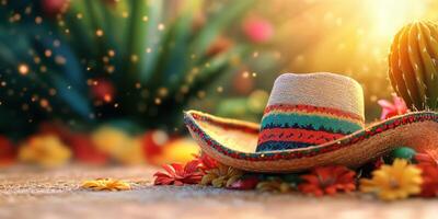 Colorful sombrero rests among vibrant flowers and cactus in a warm sunset setting in a desert landscape photo