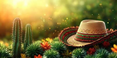 Colorful sombrero resting among vibrant flowers and cacti in sunlight during a warm afternoon photo