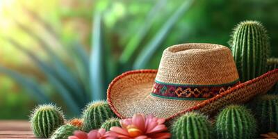 Colorful straw hat resting among vibrant cacti and flowers in a serene garden setting during daytime photo