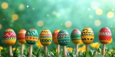 Colorful decorated Easter eggs arranged in a vibrant garden during springtime celebration photo