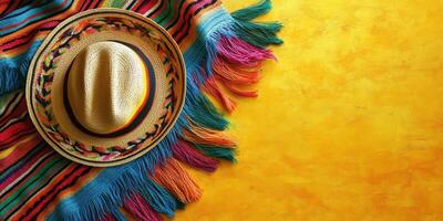 Colorful woven blanket and straw hat set against a vibrant yellow background for a festive atmosphere photo