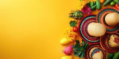 Colorful celebration with vibrant sombreros and fresh produce on bright yellow background photo