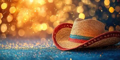 Festive straw hat resting on a table with shimmering bokeh lights in the background during a celebration event photo