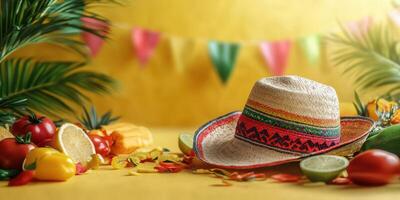 Festive decorations with a traditional hat and vibrant fruits for a colorful celebration in a sunny setting photo