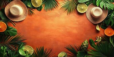 Tropical summer background with straw hats, citrus fruits, and lush green leaves photo