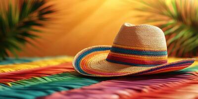 Colorful straw hat resting on a vibrant table setting in a tropical environment during a sunny day photo