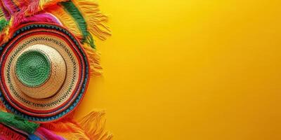 Colorful sombrero with vibrant fringe on bright yellow background for festive celebrations photo