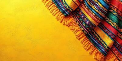 Colorful woven textile draped on vibrant yellow background in a warm indoor setting photo
