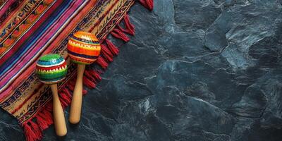 Colorful maracas and vibrant textile placed on a dark stone surface for a festive atmosphere photo