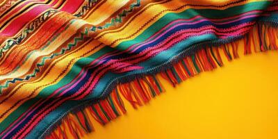 Colorful woven blanket on a bright yellow surface showcasing vibrant patterns and textures, ideal for decorative use photo