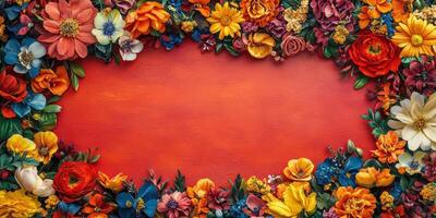 Colorful flower arrangement with vibrant blooms on a textured red background photo