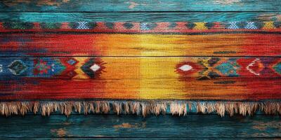 Vibrant handwoven textile displayed on rustic wooden surface showcasing intricate patterns and rich colors photo