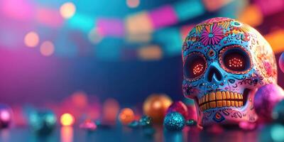 Colorful sugar skull with vibrant decorations set against a festive background during a celebration of life photo