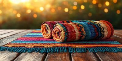 Colorful woven blankets resting on a wooden table in a warm, glowing outdoor setting during evening photo