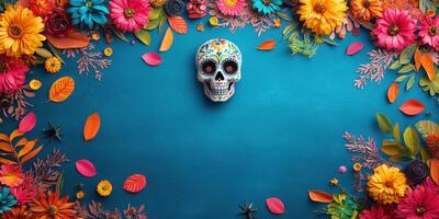 Colorful Day of the Dead skull surrounded by vibrant flowers and autumn leaves on a blue background photo