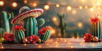 Colorful cactus arrangement with sombrero and flowers in a festive night setting photo