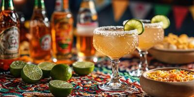 Refreshing cocktails with vibrant garnishes at a festive gathering during evening hours photo