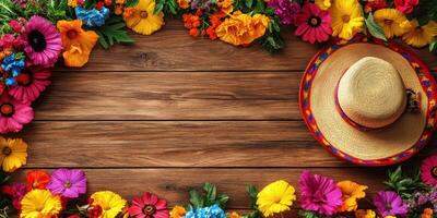 Colorful floral arrangement with straw hat on wooden table for festive celebration decor photo